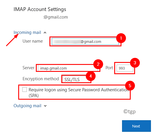 Мин. Настройки входящей почты Outlook Imap