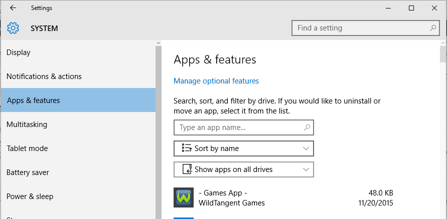 التطبيقات والميزات Windows 10