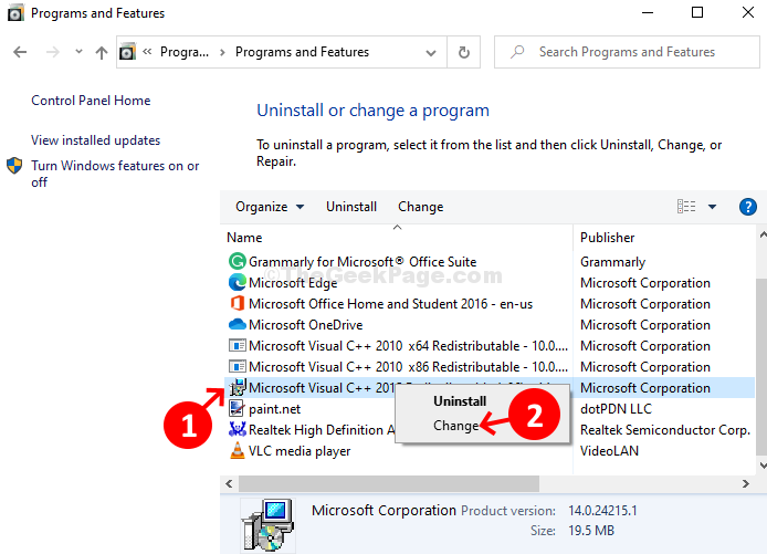 Microsoft Visual C Installer დააწკაპუნეთ მარჯვენა ღილაკით Change