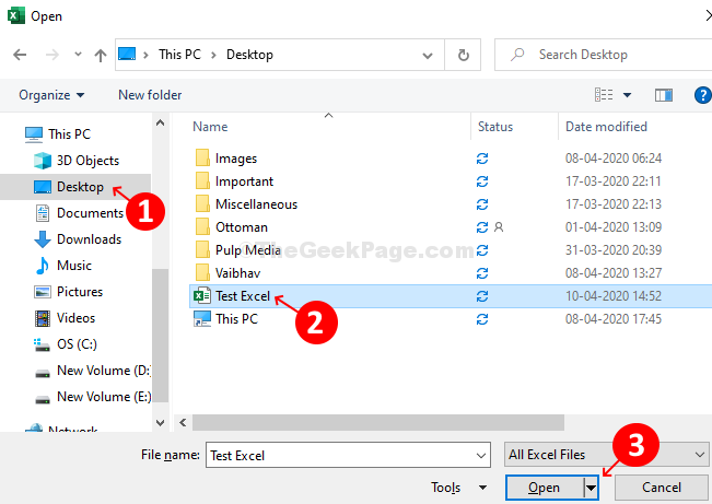 Сохраненный файл Excel на рабочем столе ПК Открыть раскрывающийся список