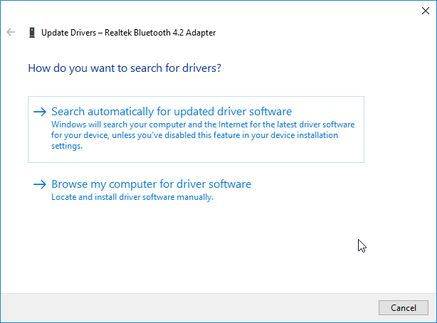 etsiä automaattisesti päivitettyjä ohjainohjelmistoja Windows ei voinut asentaa Bluetooth-oheislaitetta