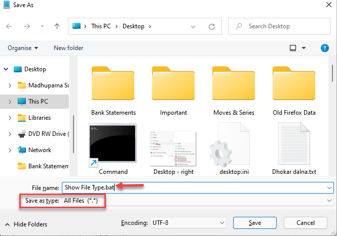 Зберегти як вікно Змінити розширення файлу на .bat Зберегти як тип Усі файли Зберегти мін