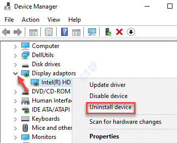 „Device Manager“ ekrano adapterių įrenginio tvarkyklė dešiniuoju pelės mygtuku spustelėkite Pašalinti įrenginį