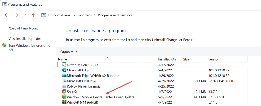 Avinstallerar uppdatering av drivrutin för Windows Mobile Device Center