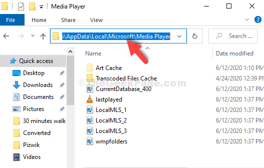 „File Explorer“ programos duomenų vietos vietinis „Microsoft Media Player“