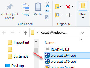Скинути папку інструмента оновлення Windows Wureset X64.exe Запустити
