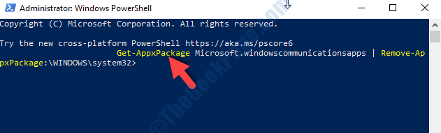 Powershell Admin Mode Execute o comando para desinstalar o aplicativo Mail Enter
