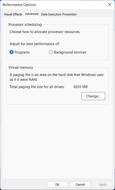 zwiększyć okna pamięci wirtualnej 11