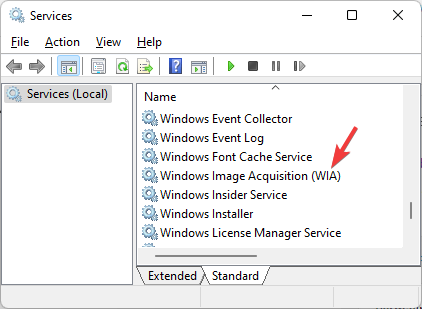 Otsige teenuses Services üles Windows Image Acquisition (WIA) ja topeltklõpsake