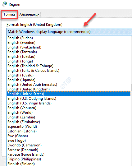 Region Formate Dropdown-Menü Format auswählen Sprache auswählen Übernehmen Ok