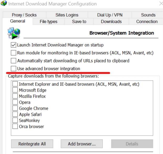 Nonaktifkan Gunakan Integrasi Browser Lanjutan di IDM