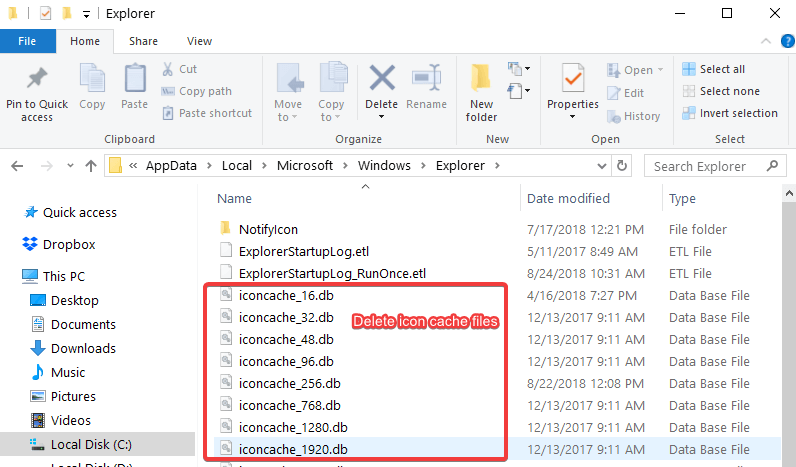 Hapus file cache ikon