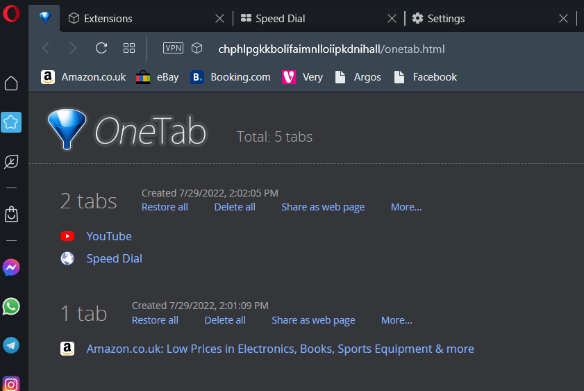Razširitev OneTab, uporaba ram brskalnika opera
