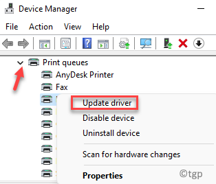 Device Manager Print Queues ขยายคลิกขวาบนไดรเวอร์อัพเดตเครื่องพิมพ์เริ่มต้น