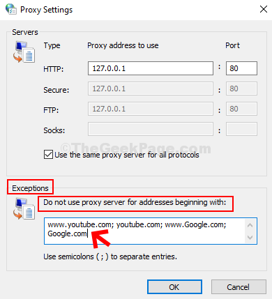 Wyjątki ustawień proxy nie używają serwera proxy dla adresów zaczynających się od typu adresu internetowego Web