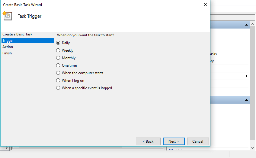 Windows에서 작업 트리거 일일 일정 배치 파일