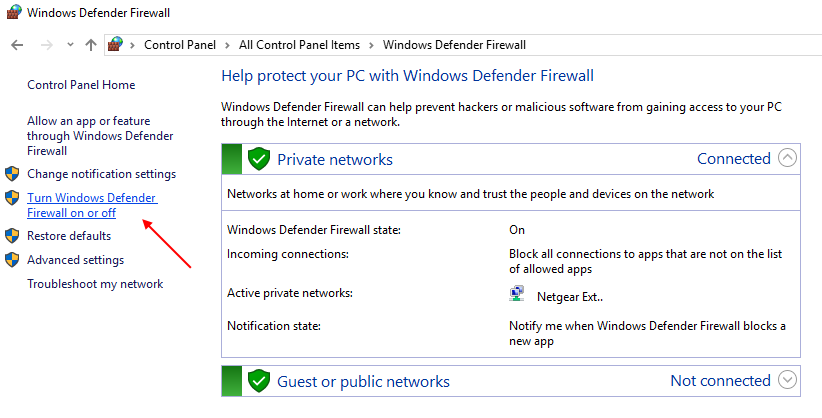 Désactiver le pare-feu Windows Defender