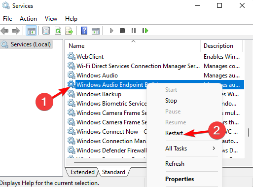 Neustart Drücken Sie die Tasten Win + R zusammen, um die Run-Konsole zu starten. Geben Sie hier services.msc ein und drücken Sie die Eingabetaste, um den Service-Manager zu öffnen. Gehen Sie im Fenster Dienste nach rechts und suchen Sie in der Spalte Namen nach Windows Audio. Klicken Sie mit der rechten Maustaste darauf und wählen Sie Neustart. Wiederholen Sie dasselbe für den Windows Audio Endpoint Builder-Dienst