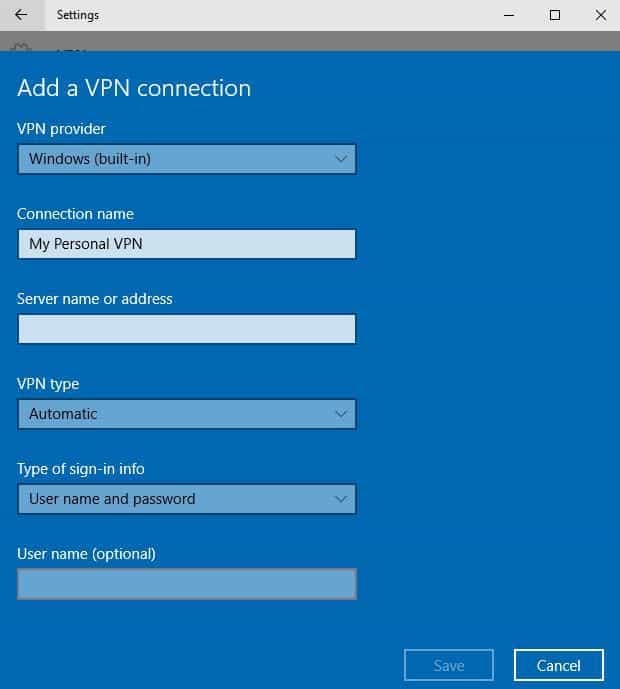 име на връзка VPN за лаптоп Windows 10