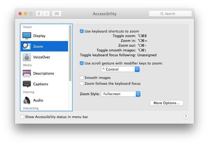 nastavení zoomu je obrazovka macbooku přiblížena 