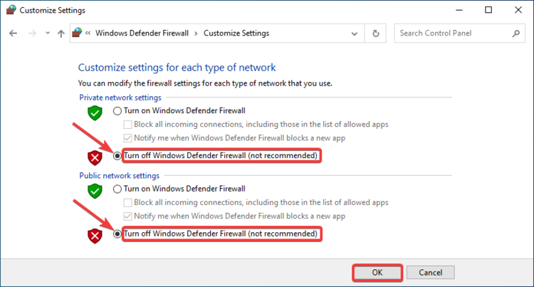Ayarları Özelleştir, Windows Defender Güvenlik Duvarını Kapat'ı gösterir (önerilmez)