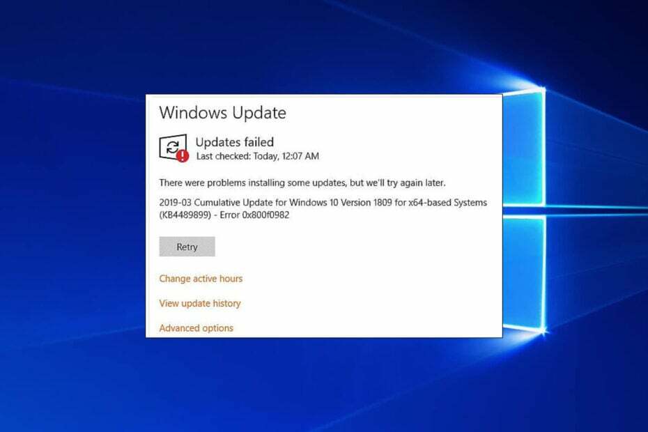 erro de atualização do Windows 0x800f0982 no exemplo do Windows 10