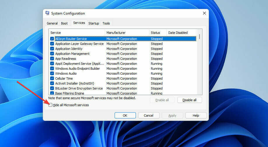 Skryť začiarkavacie políčko všetkých služieb spoločnosti Microsoft minecraft nefunguje so systémom Windows 11