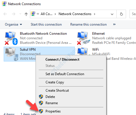 Conexões de rede Propriedades do botão direito do VPN