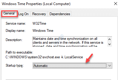 Propriétés de temps Windows Général Type de démarrage Automatique