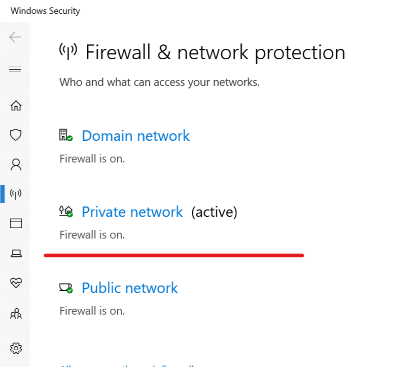 Windowsファイアウォールとネットワーク保護がアクティブ