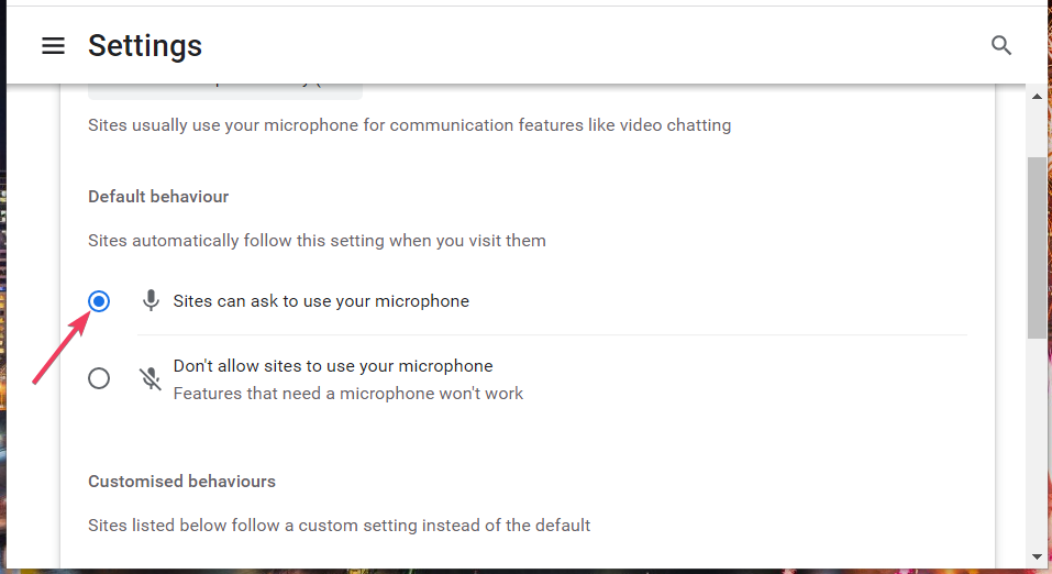 Los sitios pueden solicitar usar su opción de micrófono. El navegador no es compatible con el zoom de audio.