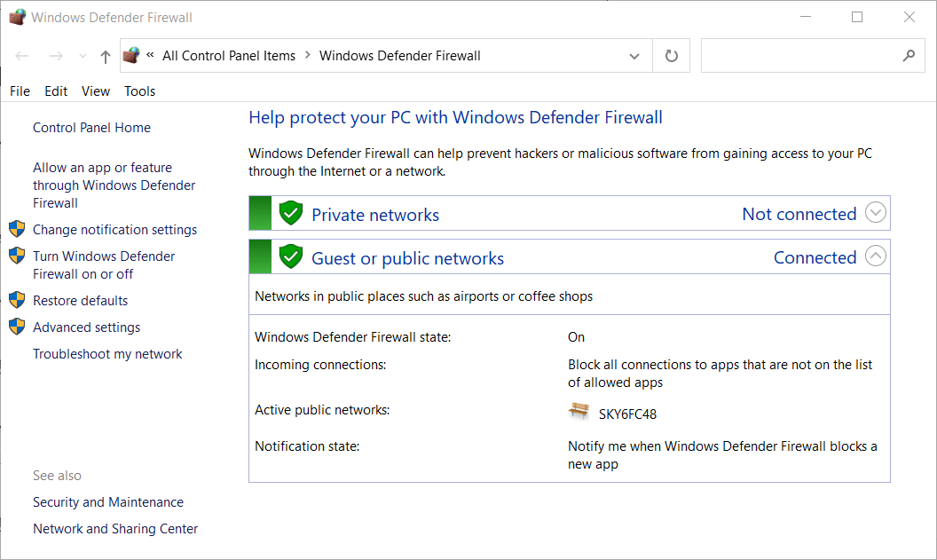Programček požarnega zidu Windows Defender, za dostop do spletnih funkcij morate biti prijavljeni v svoj račun ea