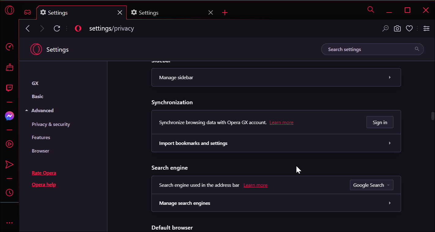 Синхронизация opera gx. Что лучше Opera GX или Google Chrome. Opera GX change search engine.
