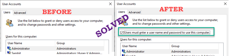 Потребителите трябва да въведат квадратче за потребителско име и парола, което липсва в netplwiz в Windows 10 Fix