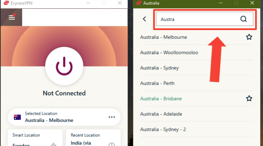søg efter australske servere i expressvpn-software
