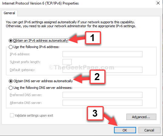 Свойства на Интернет протокол версия 6 Изберете Автоматично получаване на Ip адрес Изберете Автоматично получаване на адрес на Dns сървър ОК