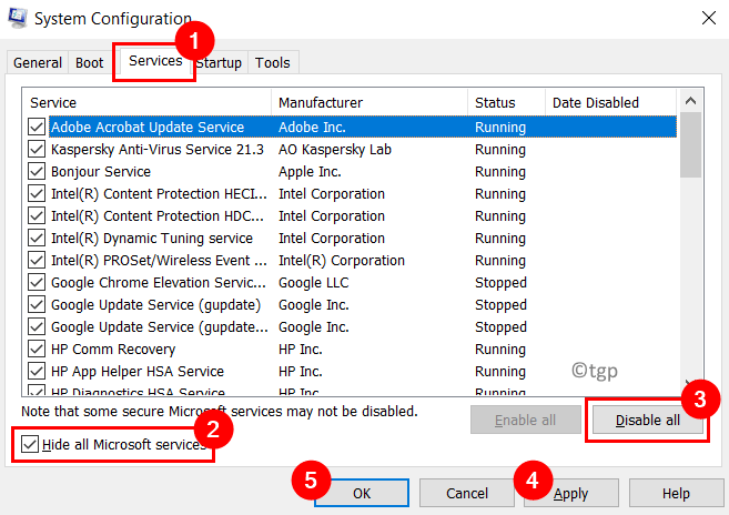 Servizi di configurazione di sistema Nascondi servizi Microsoft Disabilita tutto Min