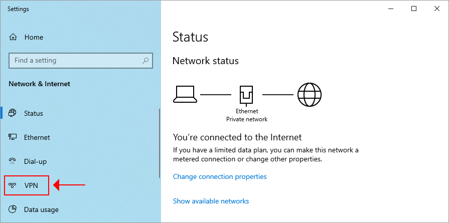 Windows 10 설정에서 VPN 섹션에 액세스
