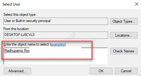 Wybierz użytkownika Wprowadź nazwę obiektu, aby wybrać nazwę konta dodane i zaznaczone OK