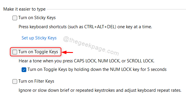 Включите звук переключателя клавиш Легкость доступа Win11