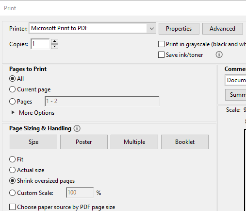 Opțiunea Microsoft Print to PDF Adobe Reader Error 110