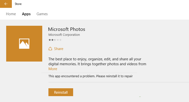 Решено! Съобщение в магазина на Windows 10 „Това приложение срещна проблем. Моля, преинсталирайте го за ремонт “