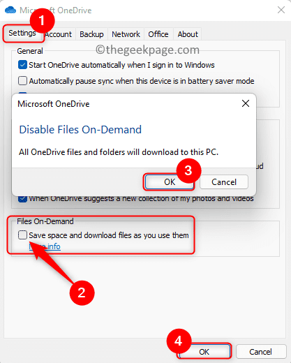 Налаштування Onedrive Зніміть прапорець Зберігати місце завантажувати файли під час їх використання Мін