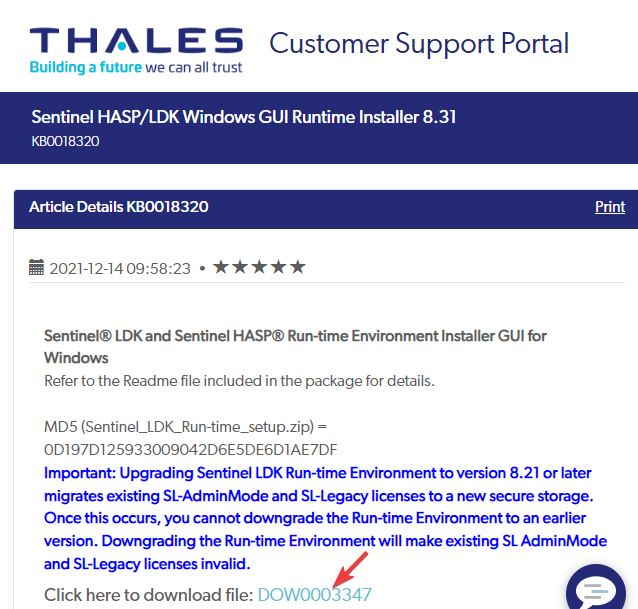 Besøg Thales supportwebsted og klik på Download