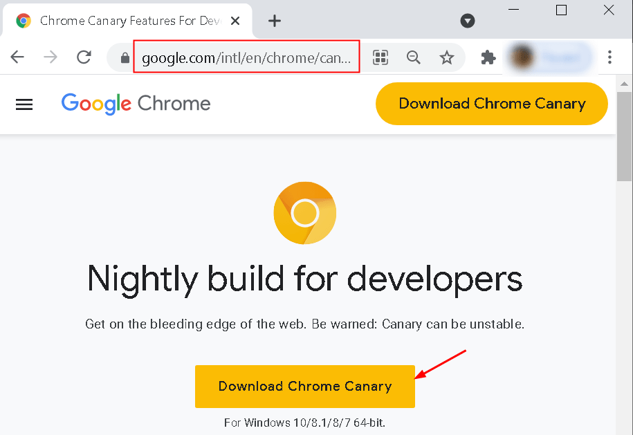 Chrome Canary versioon Min