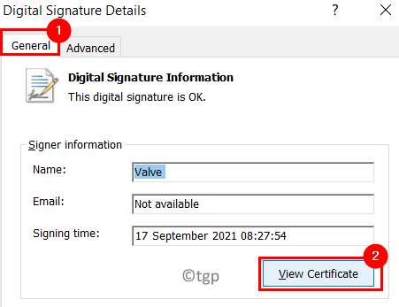 Detalhes da assinatura digital Exibir certificado mínimo