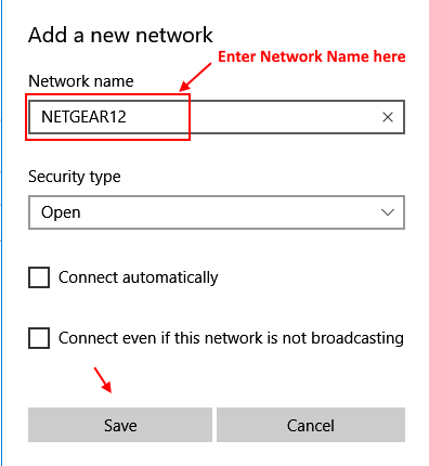여기에 네트워크 이름 입력 Windows 10