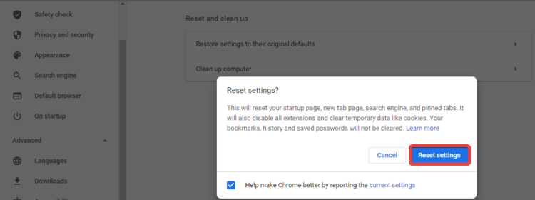 Chrome näyttää Palauta asetukset