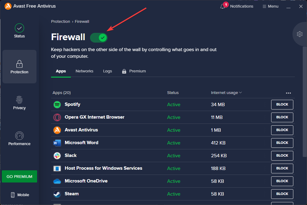 Sammuta Avast Firewall.