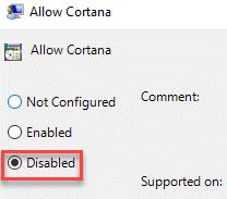 Criterio disabilitato Cortana Min